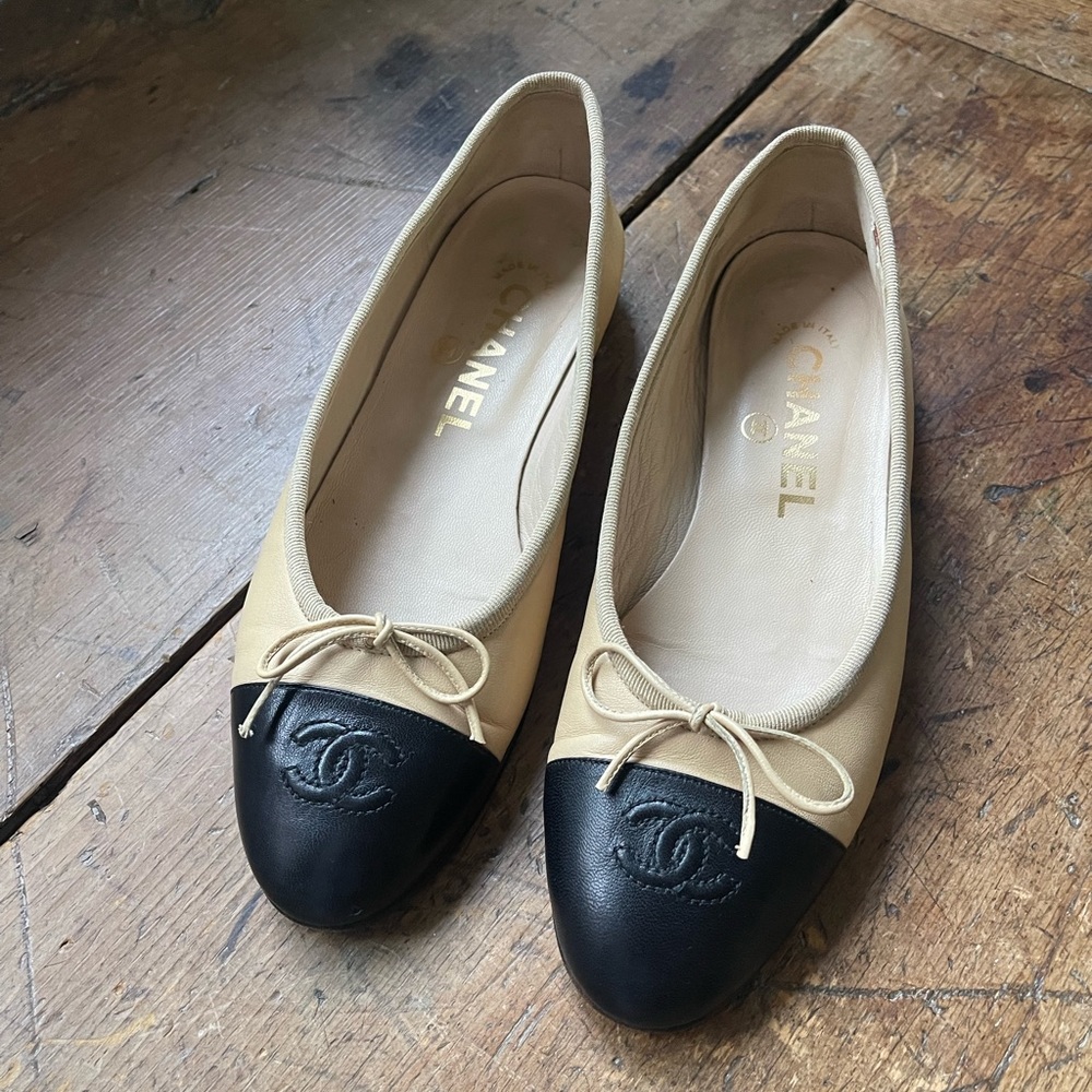 Chanel Beige and Black Cap-Toe Ballet Flats